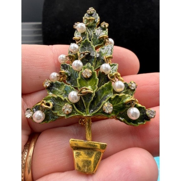 Original By Robert Jewelry - Vintage Original by Robert Brooch Enameled Christmas Tree Faux Pearls Dangles